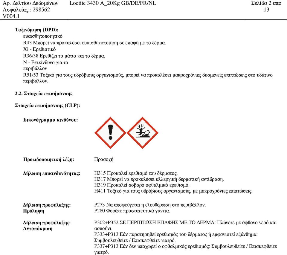 2. Στοιχεία επισήμανσης Στοιχεία επισήμανσης (CLP): Εικονόγραμμα κινδύνου: Προειδοποιητική λέξη: Δήλωση επικινδυνότητας: Δήλωση προφύλαξης: Πρόληψη Δήλωση προφύλαξης: Ανταπόκριση Προσοχή H315