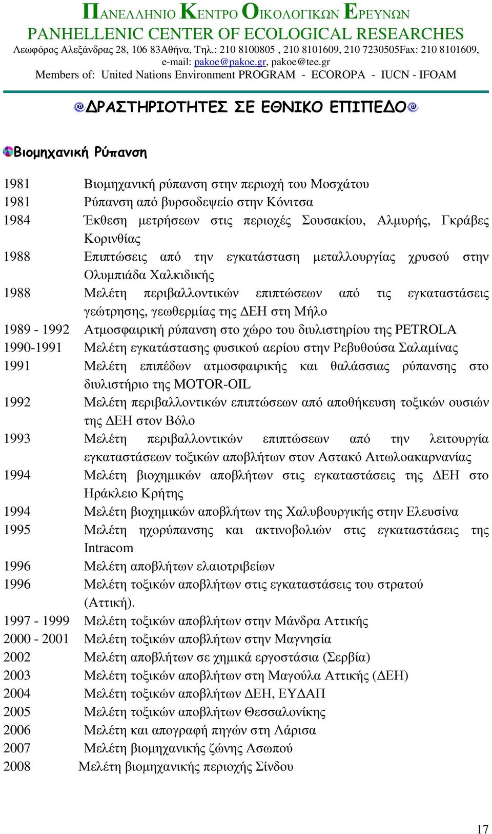 στη Μήλο 1989-1992 Ατµοσφαιρική ρύπανση στο χώρο του διυλιστηρίου της PETROLA 1990-1991 Μελέτη εγκατάστασης φυσικού αερίου στην Ρεβυθούσα Σαλαµίνας 1991 Μελέτη επιπέδων ατµοσφαιρικής και θαλάσσιας