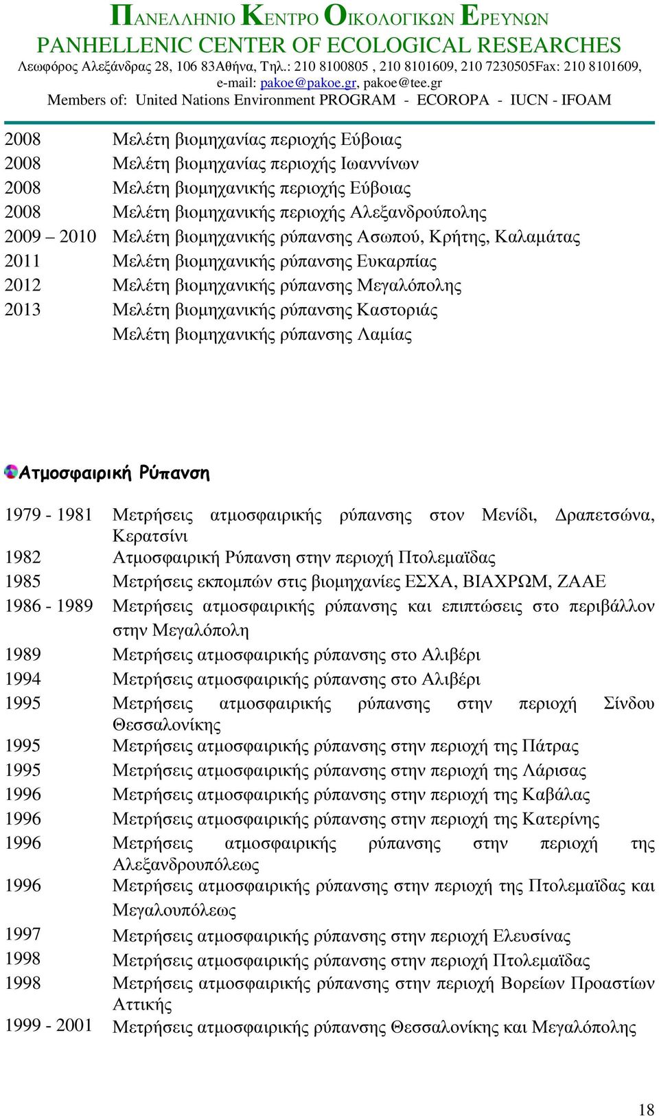 βιοµηχανικής ρύπανσης Λαµίας Ατµοσφαιρική Ρύπανση 1979-1981 Μετρήσεις ατµοσφαιρικής ρύπανσης στον Μενίδι, ραπετσώνα, Κερατσίνι 1982 Ατµοσφαιρική Ρύπανση στην περιοχή Πτολεµαϊδας 1985 Μετρήσεις