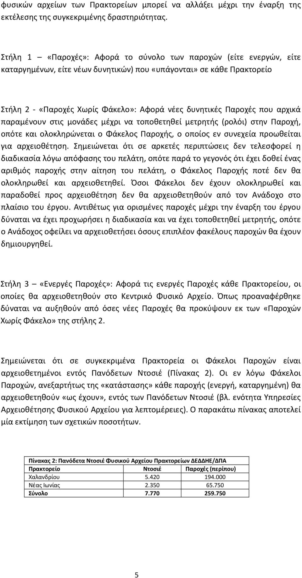 που αρχικά παραμένουν στις μονάδες μέχρι να τοποθετηθεί μετρητής (ρολόι) στην Παροχή, οπότε και ολοκληρώνεται ο Φάκελος Παροχής, ο οποίος εν συνεχεία προωθείται για αρχειοθέτηση.