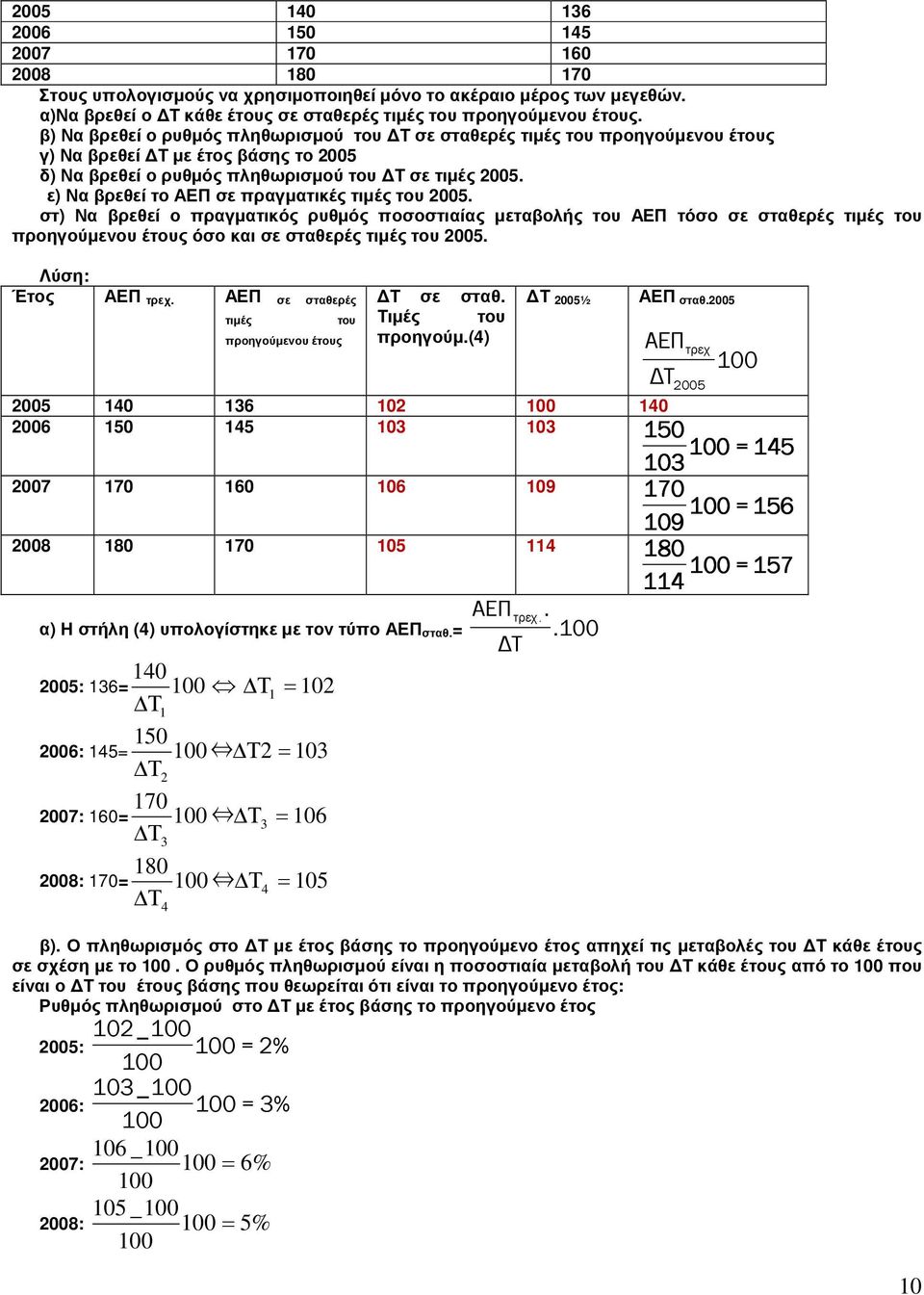 ε) Να βρεθεί το ΑΕΠ σε πραγµατικές τιµές του 2005. στ) Να βρεθεί ο πραγµατικός ρυθµός ποσοστιαίας µεταβολής του ΑΕΠ τόσο σε σταθερές τιµές του προηγούµενου έτους όσο και σε σταθερές τιµές του 2005.