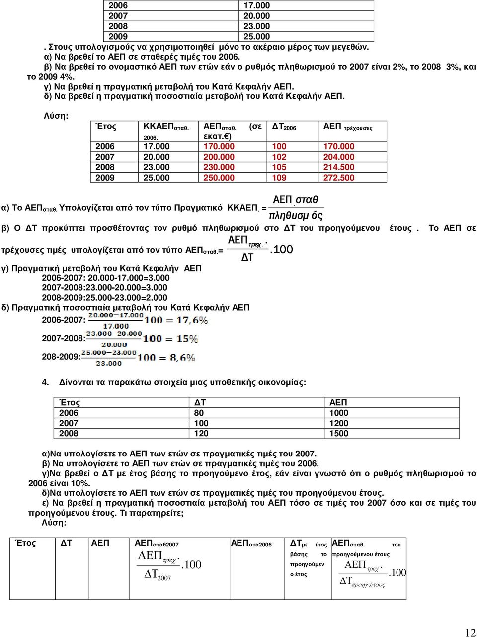 δ) Να βρεθεί η πραγµατική ποσοστιαία µεταβολή του Κατά Κεφαλήν ΑΕΠ. Λύση: Έτος ΚΚΑΕΠ σταθ. ΑΕΠ σταθ. (σε Τ 2006 2006. εκατ. ) 2006 17.000 170.000 170.000 2007 20.000 200.000 102 204.000 2008 23.