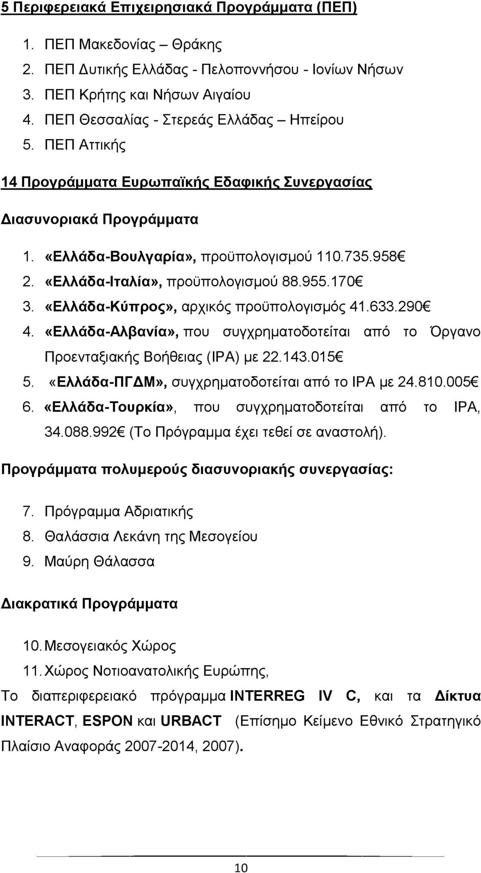 «Ελλάδα-Ιταλία», προϋπολογισμού 88.955.170 3. «Ελλάδα-Κύπρος», αρχικός προϋπολογισμός 41.633.290 4. «Ελλάδα-Αλβανία», που συγχρηματοδοτείται από το Όργανο Προενταξιακής Βοήθειας (ΙΡΑ) με 22.143.015 5.