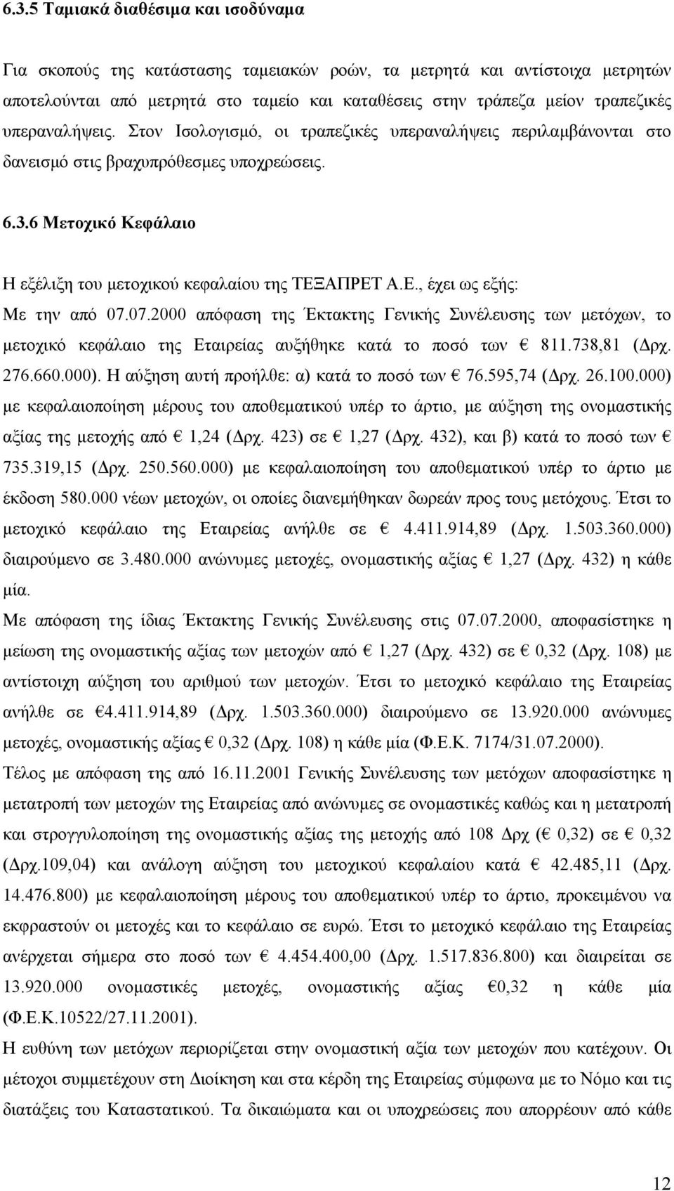 ΑΠΡΕΤ Α.Ε., έχει ως εξής: Με την από 07.07.2000 απόφαση της Έκτακτης Γενικής Συνέλευσης των µετόχων, το µετοχικό κεφάλαιο της Εταιρείας αυξήθηκε κατά το ποσό των 811.738,81 ( ρχ. 276.660.000).