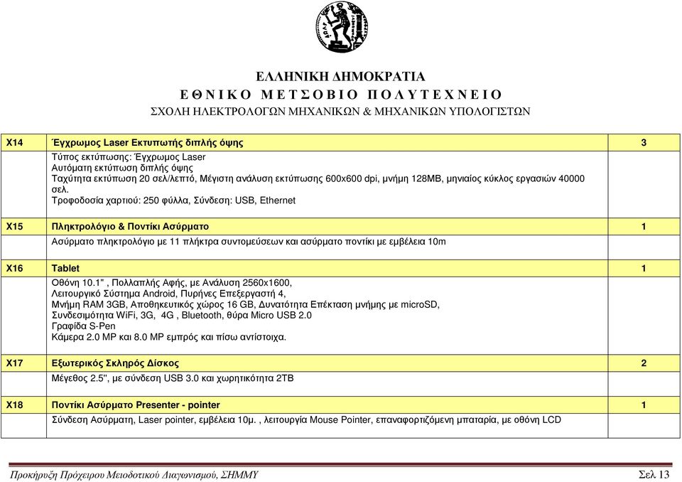 Τροφοδοσία χαρτιού: 250 φύλλα, Σύνδεση: USB, Ethernet X15 Πληκτρολόγιο & Ποντίκι Ασύρµατο 1 Ασύρµατο πληκτρολόγιο µε 11 πλήκτρα συντοµεύσεων και ασύρµατο ποντίκι µε εµβέλεια 10m Χ16 Tablet 1 Οθόνη 10.