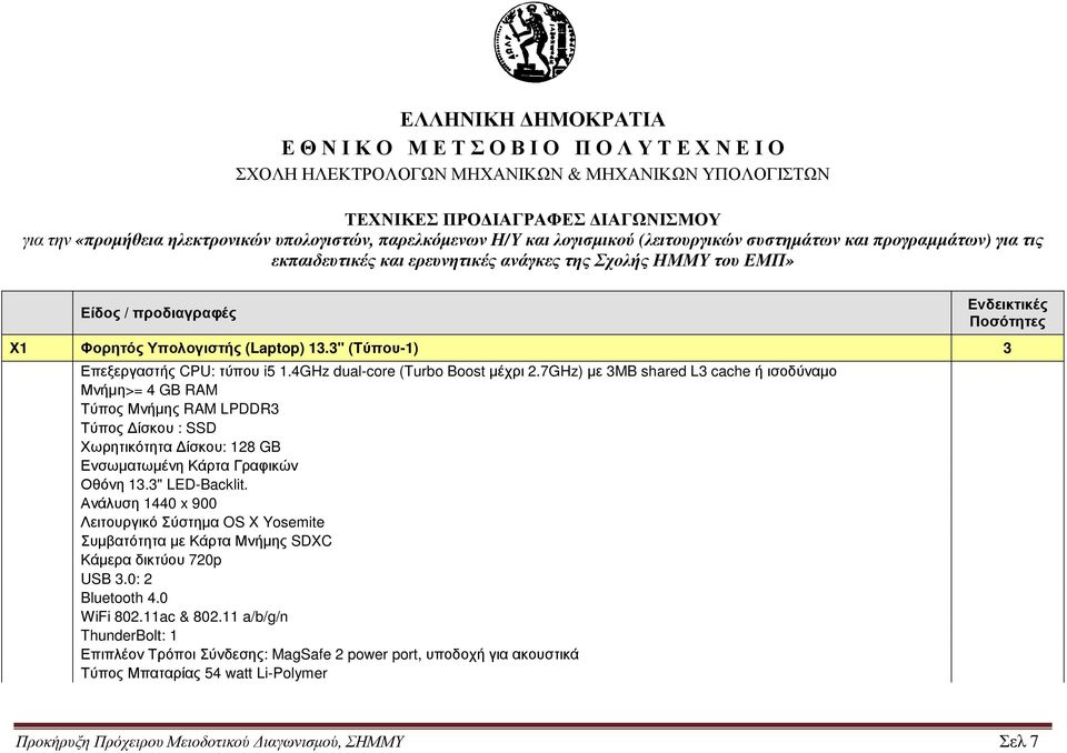 7GHz) µε 3MB shared L3 cache ή ισοδύναµο Μνήµη>= 4 GB RAM Τύπος Μνήµης RAM LPDDR3 Τύπος ίσκου : SSD Χωρητικότητα ίσκου: 128 GB Ενσωµατωµένη Κάρτα Γραφικών Οθόνη 13.3" LED-Backlit.