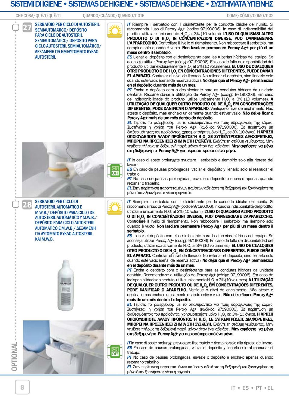 condotte idriche del riunito. Si raccomanda l uso di Peroxy Ag+ (codice 9190006). In caso di indisponibilità del prodtto, utilizzare unicamente H 2 al 3% (10 volumi).