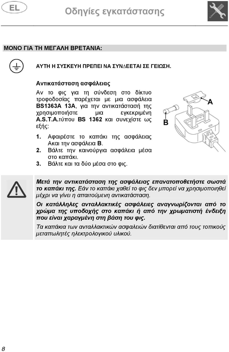 Αφαιρέστε το καπάκι της ασφάλειας Aκαι την ασφάλεια B. 2. Βάλτε την καινούργια ασφάλεια µέσα στο καπάκι. 3. Βάλτε και τα δύο µέσα στο φις.