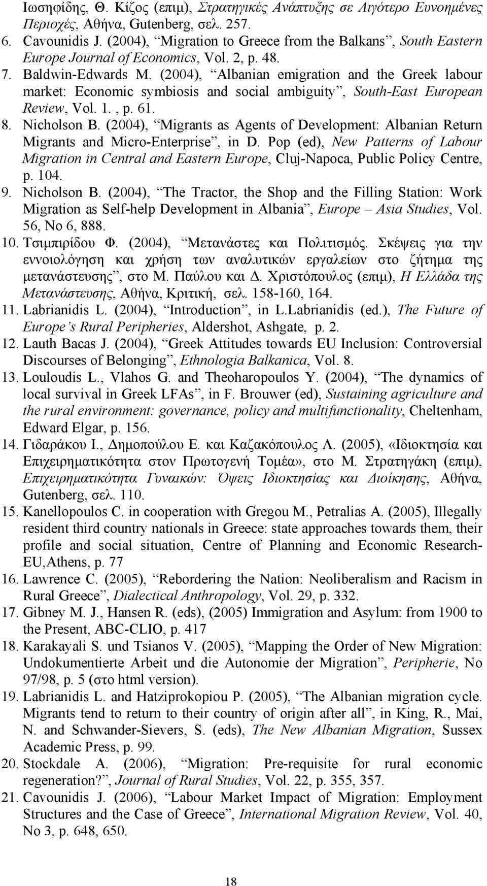(2004), Albanian emigration and the Greek labour market: Economic symbiosis and social ambiguity, South-East European Review, Vol. 1., p. 61. 8. Nicholson B.