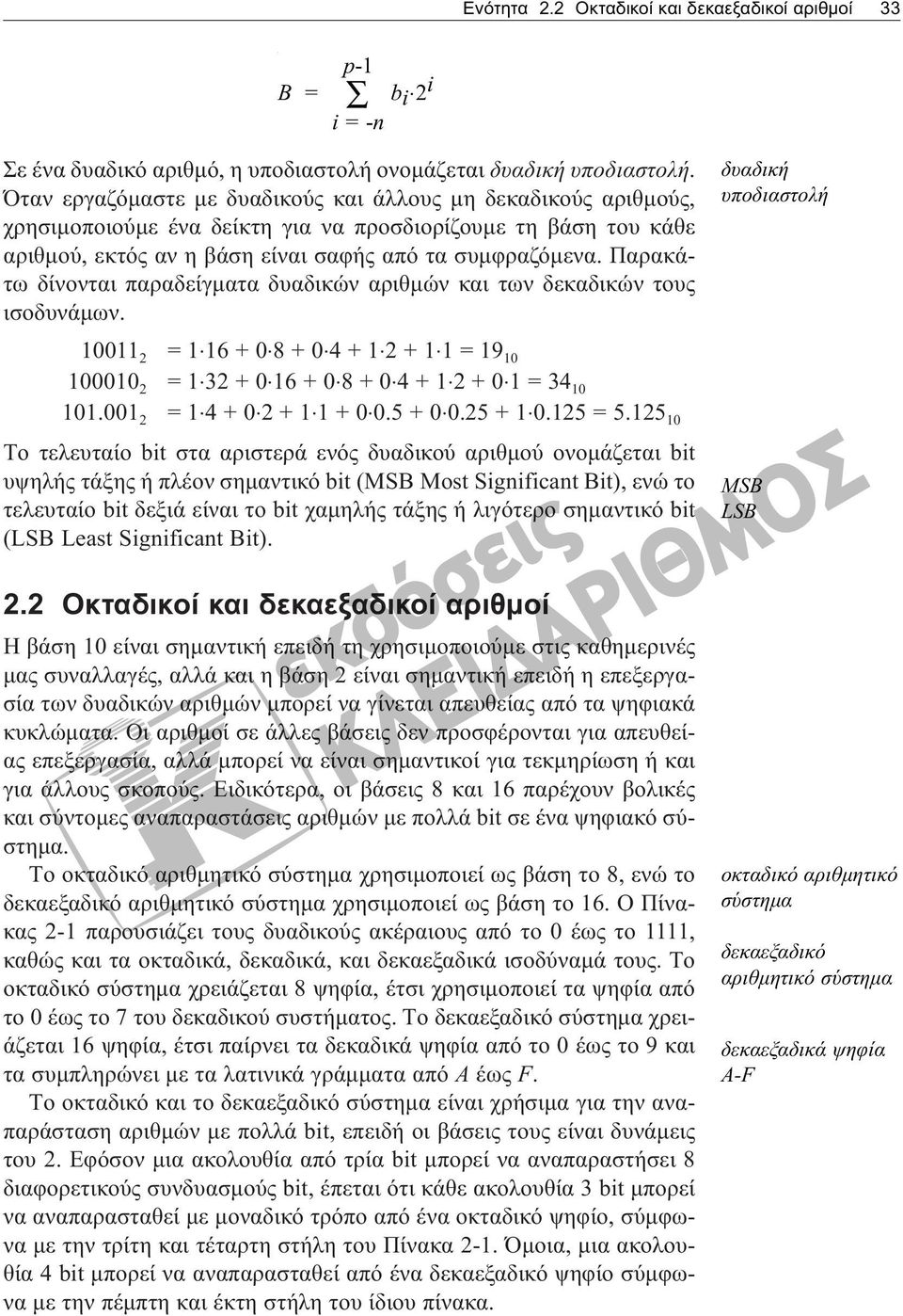 Παρακάτω δίνονται παραδείγματα δυαδικών αριθμών και των δεκαδικών τους ισοδυνάμων. 10011 2 = 1 16 + 0 8 + 0 4 + 1 2 + 1 1 = 19 10 100010 2 = 1 32 + 0 16 + 0 8 + 0 4 + 1 2 + 0 1 = 34 10 101.