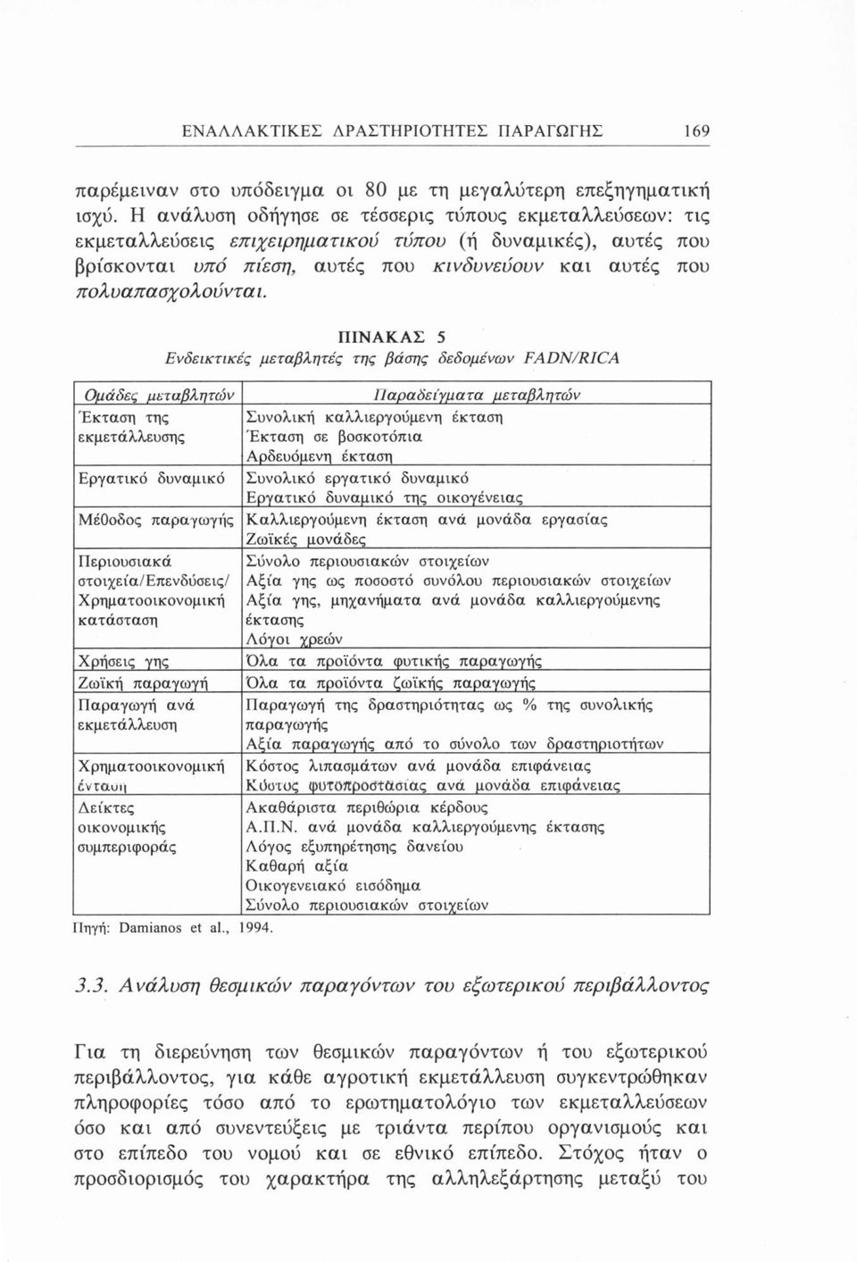 Ομάδες μεταβλητών Έκταση της εκμετάλλευσης ΠΙΝΑΚΑΣ 5 Ενδεικτικές μεταβλητές της βάσης δεδομένων FADN/RICA Ιίαραδείγματα μεταβλητών Συνολική καλλιεργούμενη έκταση Έκταση σε βοσκοτόπια Αρδευόμενη