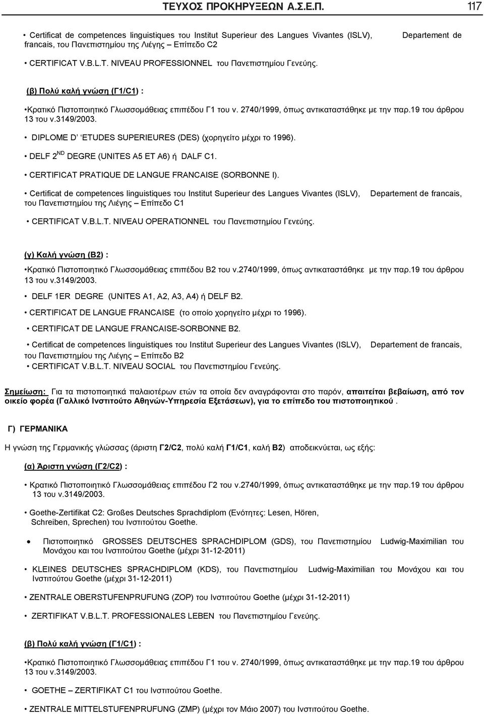 Certificat de competences linguistiques Institut Superieur des Langues Vivantes (ISLV), C1 Departement de francais, CERTIFICAT V.B.L.T. NIVEAU OPERATIONNEL. ( ) ( 2) : 2.2740/1999,.19 13.3149/2003.