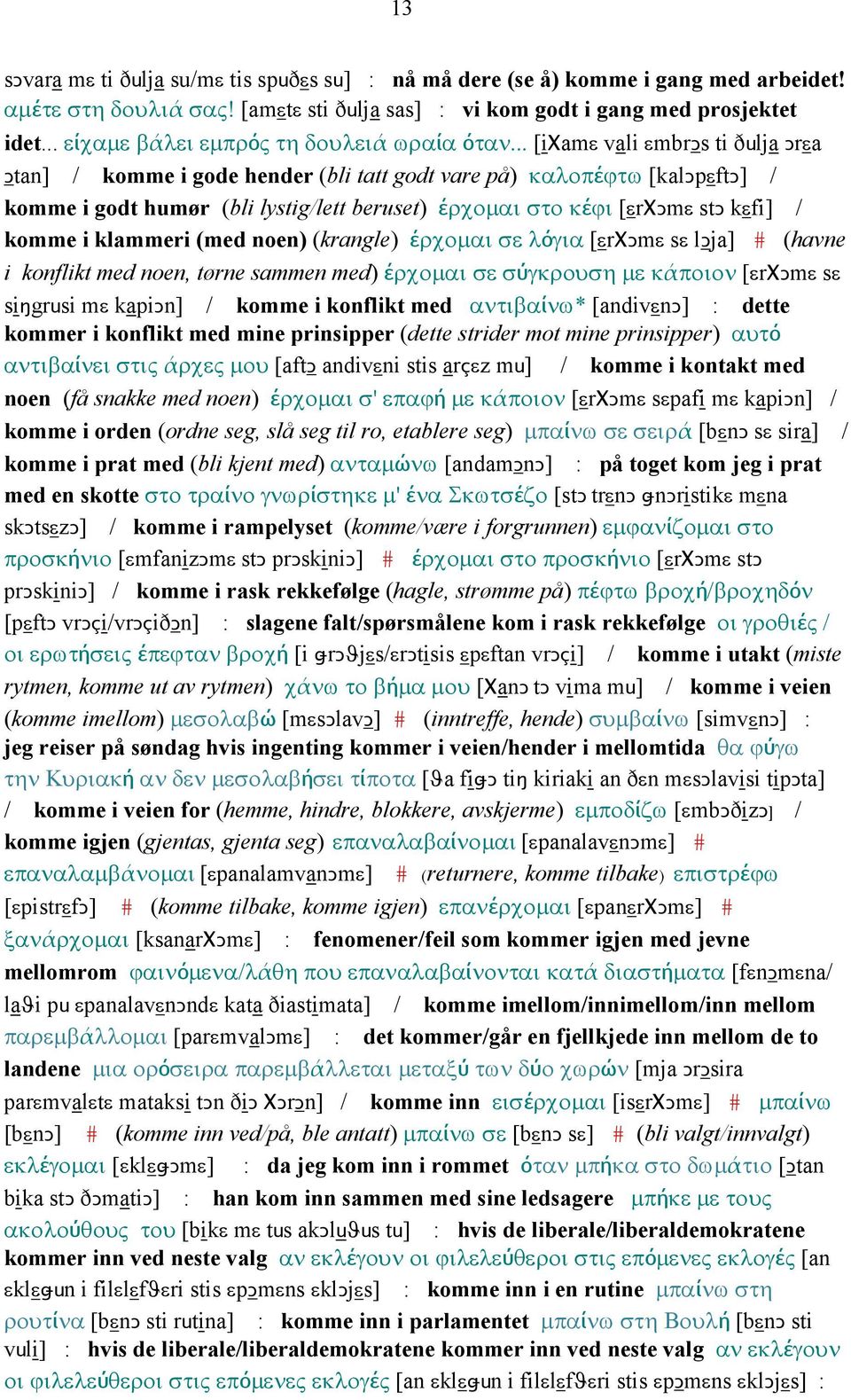 .. [iχamε vali εmbrǥs ti ðulja Ǥrεa Ǥtan] / komme i gode hender (bli tatt godt vare på) καλοπέϕτω [kalǥpεftǥ] / komme i godt humør (bli lystig/lett beruset) έρχοµαι στο κέϕι [εrχǥmε stǥ kεfi] / komme