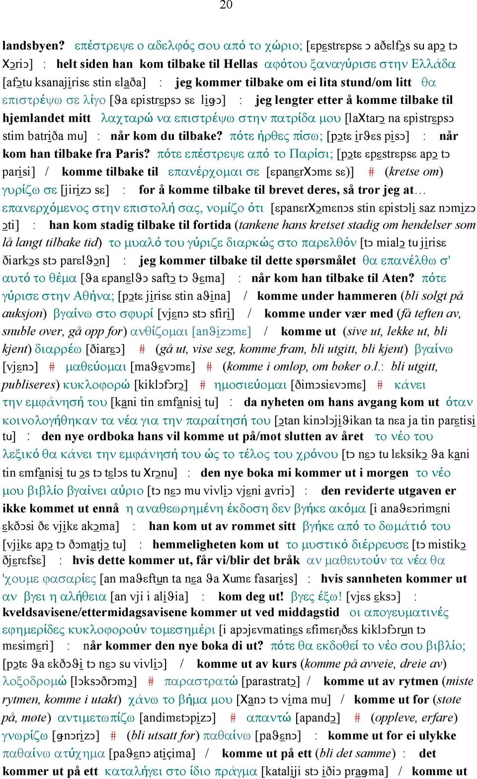 om ei lita stund/om litt θα επιστρέψω σε λίγο [ϑa εpistrεpsǥ sε liǅǥ] : jeg lengter etter å komme tilbake til hjemlandet mitt λαχταρώ να επιστρέψω στην πατρίδα µου [laχtarǥ na εpistrεpsǥ stim batriða