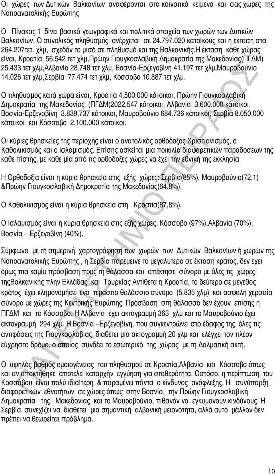 542 τετ χλμ,πρώην Γιουγκοσλαβική Δημοκρατία της Μακεδονίας(ΠΓΔΜ) 25.433 τετ χλμ,αλβανία 28.748 τετ χλμ, Βοσνία-Ερζεγοβίνη 41.197 τετ χλμ,μαυροβούνιο 14.026 τετ χλμ,σερβία 77.474 τετ χλμ, Κόσσοβο 10.