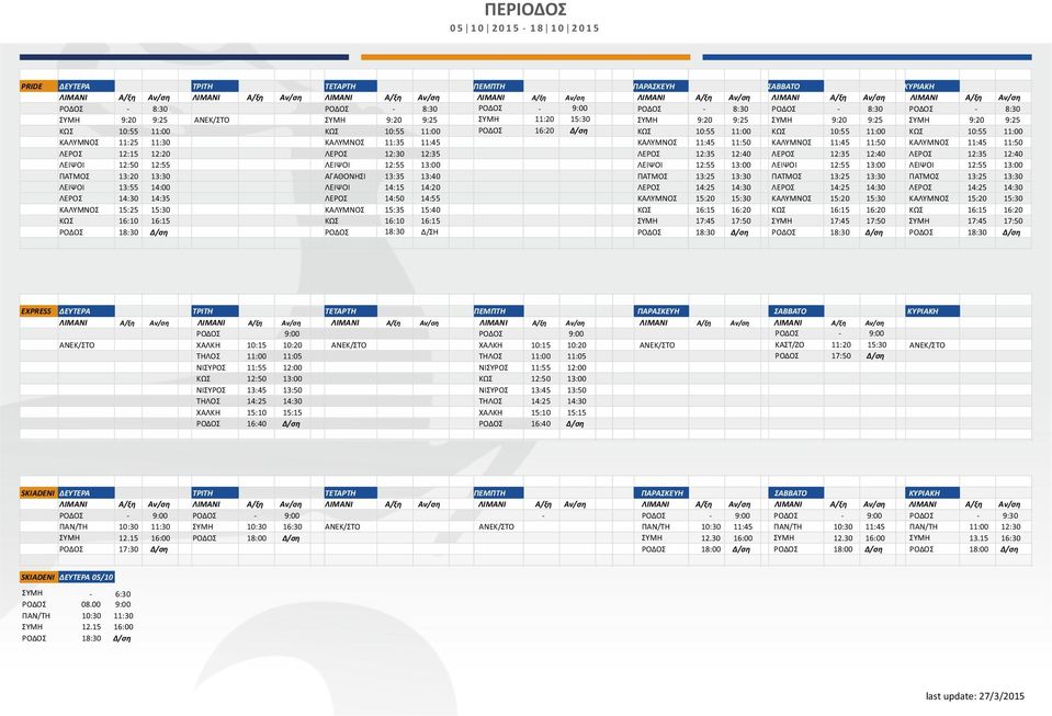 13:40 ΠΑΤΜΟΣ ΛΕΙΨΟΙ 13:55 14:00 ΛΕΙΨΟΙ 14:15 14:20 ΛΕΡΟΣ ΛΕΡΟΣ 14:30 14:35 ΛΕΡΟΣ 14:50 14:55 ΚΑΛΥΜΝΟΣ ΚΑΛΥΜΝΟΣ 15:25 15:30 ΚΑΛΥΜΝΟΣ 15:35 15:40 ΚΩΣ ΚΩΣ 16:10 16:15 ΚΩΣ 16:10 16:15 ΡΟΔΟΣ 18:30 Δ/ΣΗ