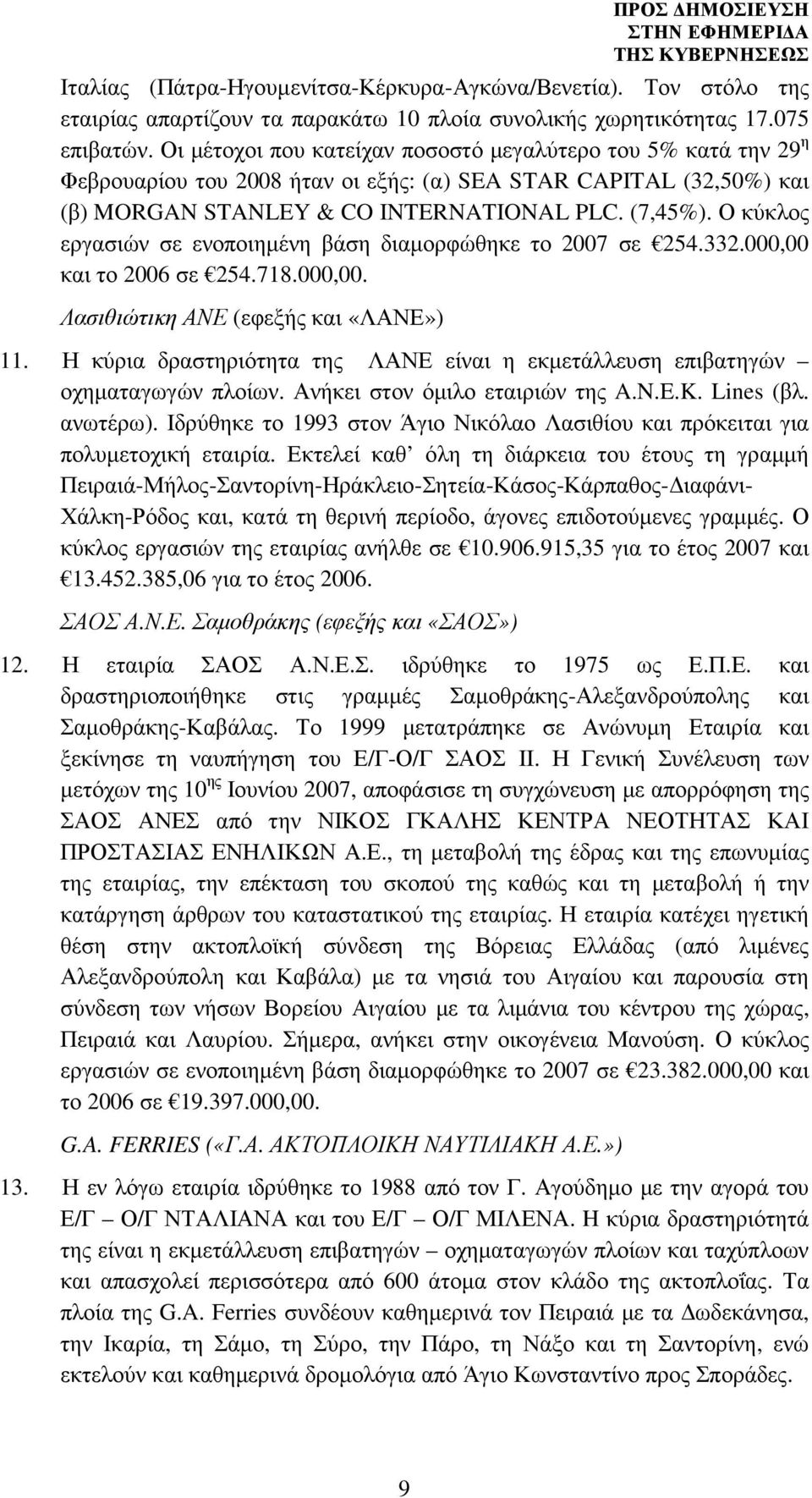 Ο κύκλος εργασιών σε ενοποιηµένη βάση διαµορφώθηκε το 2007 σε 254.332.000,00 και το 2006 σε 254.718.000,00. Λασιθιώτικη ΑΝΕ (εφεξής και «ΛΑΝΕ») 11.