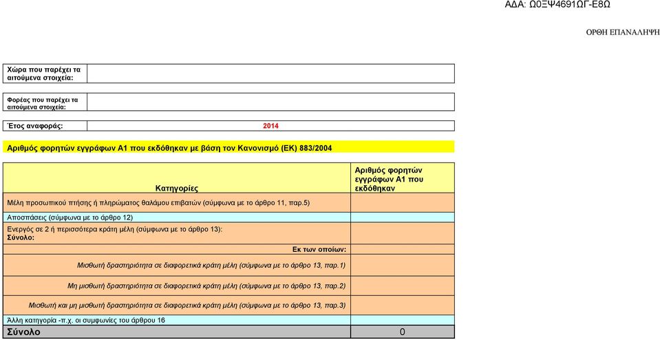 5) Αποσπάσεις (σύμφωνα με το άρθρο 12) Ενεργός σε 2 ή περισσότερα κράτη μέλη (σύμφωνα με το άρθρο 13): Σύνολο: Εκ των οποίων: Μισθωτή δραστηριότητα σε διαφορετικά κράτη μέλη (σύμφωνα με το