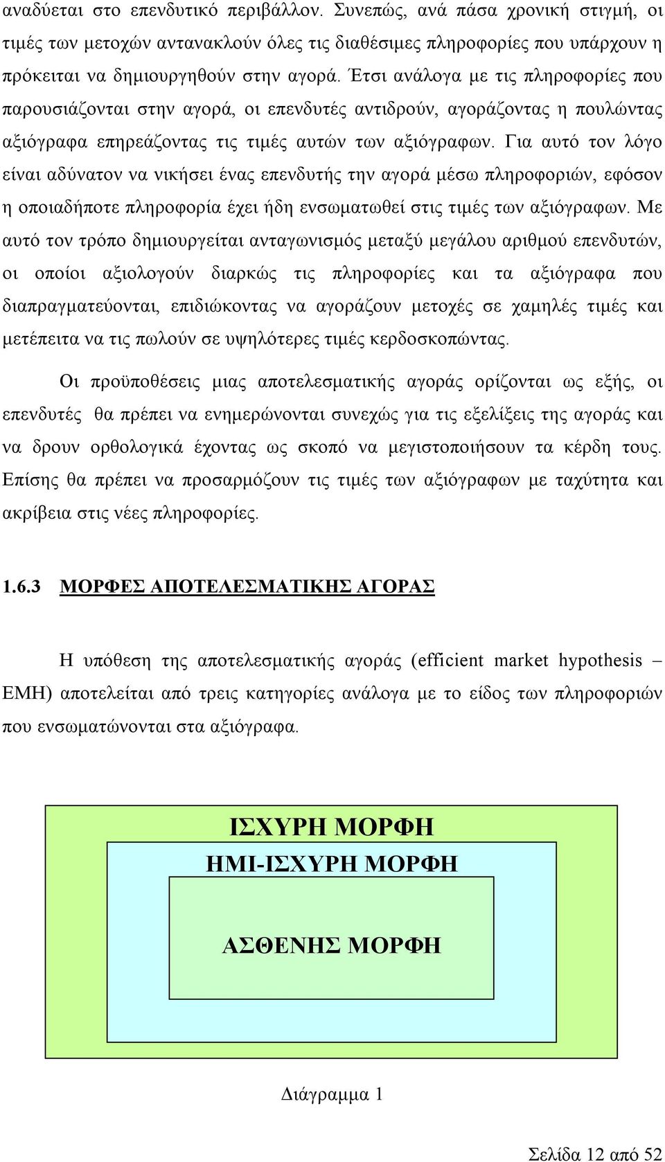 Για αυτό τον λόγο είναι αδύνατον να νικήσει ένας επενδυτής την αγορά μέσω πληροφοριών, εφόσον η οποιαδήποτε πληροφορία έχει ήδη ενσωματωθεί στις τιμές των αξιόγραφων.