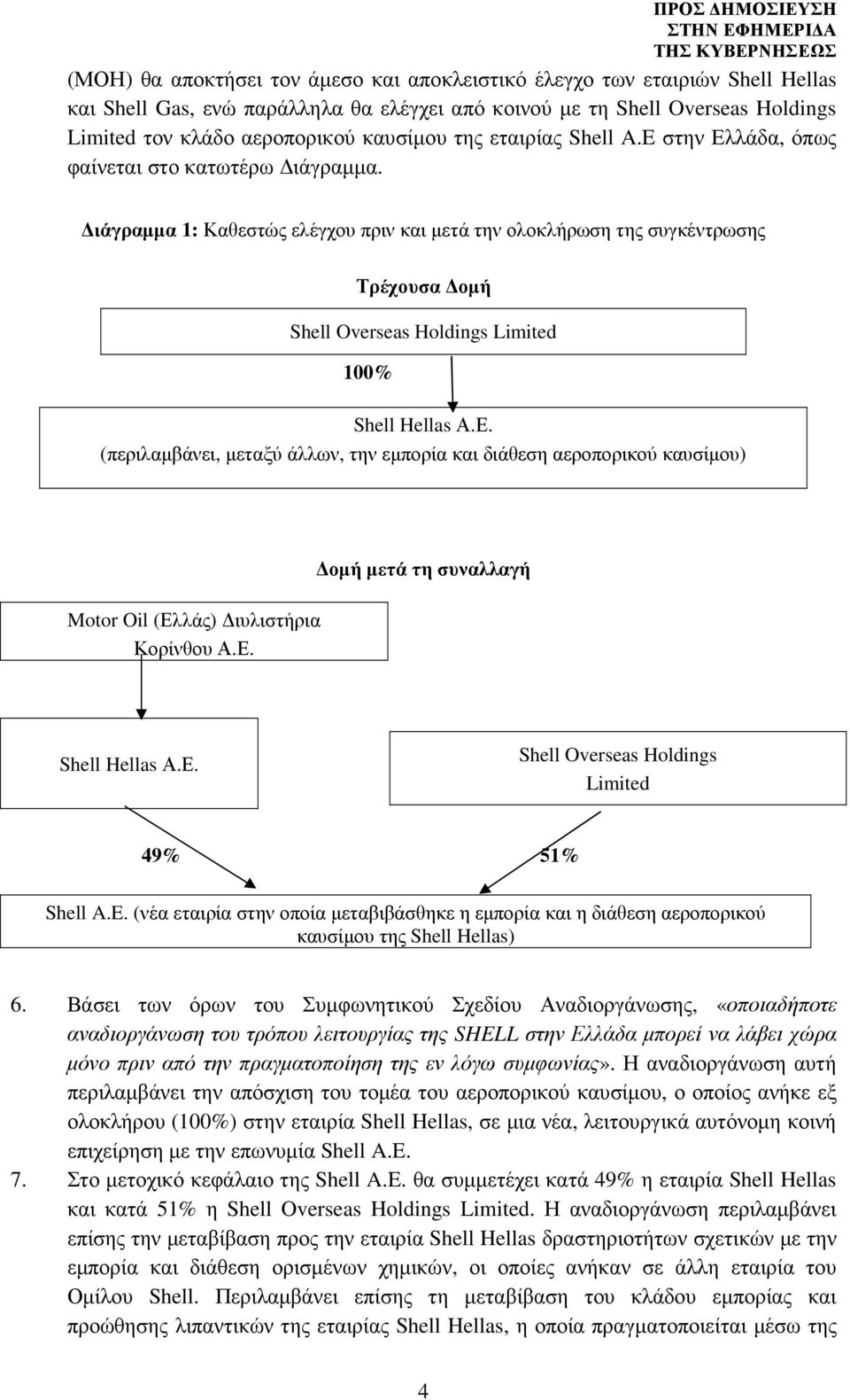 ιάγραµµα 1: Καθεστώς ελέγχου πριν και µετά την ολοκλήρωση της συγκέντρωσης Τρέχουσα οµή Shell Overseas Holdings Limited 100% Shell Hellas Α.Ε.