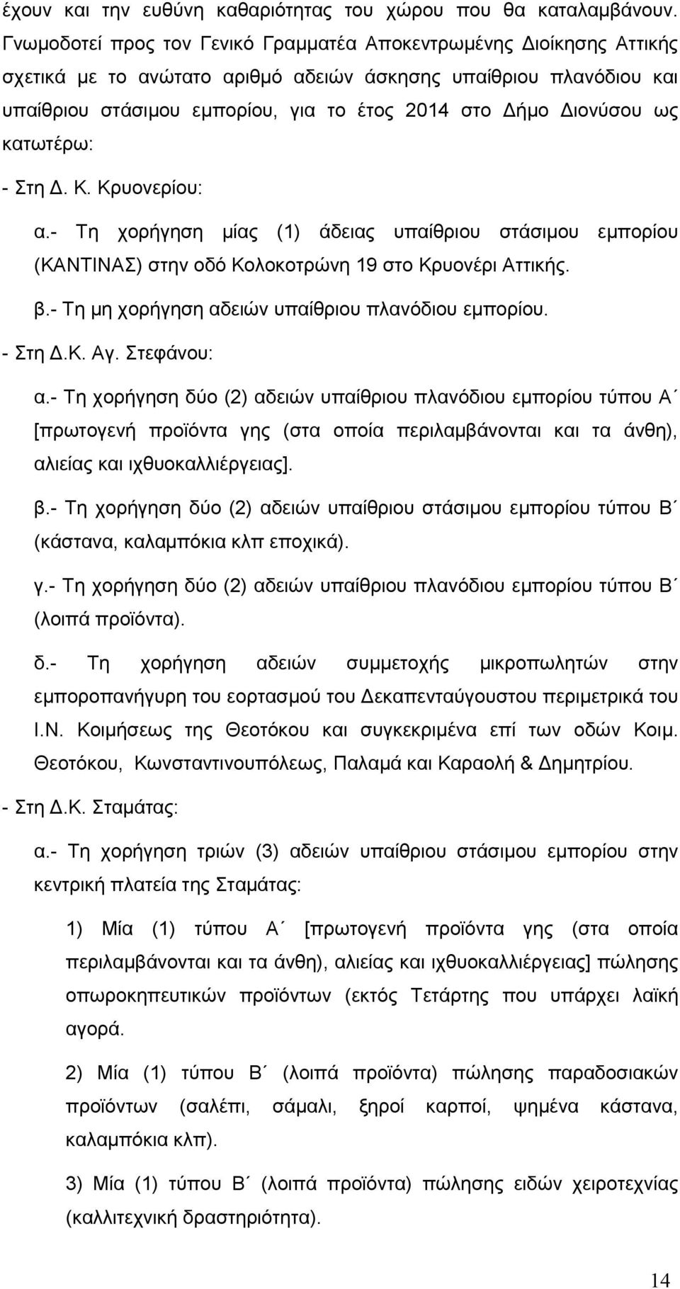 Διονύσου ως κατωτέρω: - Στη Δ. Κ. Κρυονερίου: α.- Τη χορήγηση μίας (1) άδειας υπαίθριου στάσιμου εμπορίου (ΚΑΝΤΙΝΑΣ) στην οδό Κολοκοτρώνη 19 στο Κρυονέρι Αττικής. β.