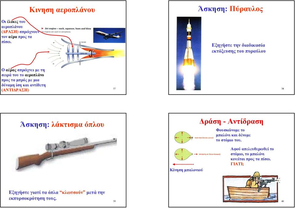 αεροπλάνο προς τα µπρός µε µια δύναµη ίσηκαιαντίθετη (ΑΝΤΙ ΡΑΣΗ) 37 38 Άσκηση: λάκτισµα όπλου ράση - Αντίδραση Φουσκώνοµε το