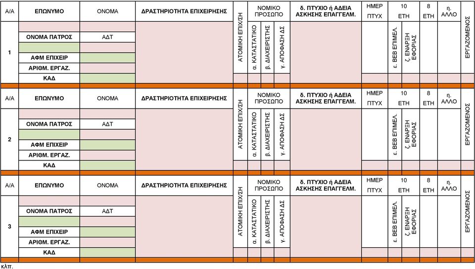 ΚΑΤΑΣΤΑΤΙΚΟ ΝΟΜΙΚΟ ΠΡΟΣΩΠΟ β. ΔΙΑΧΕΙΡΙΣΤΗΣ γ. ΑΠΟΦΑΣΗ ΔΣ δ. ΠΤΥΧΙΟ ή ΑΔΕΙΑ ΑΣΚΗΣΗΣ ΕΠΑΓΓΕΛΜ. ΗΜΕΡ 10 8 η. ΠΤΥΧ ΕΤΗ ΕΤΗ ΑΛΛΟ ε. ΒΕΒ ΕΠΙΜΕΛ. ζ.