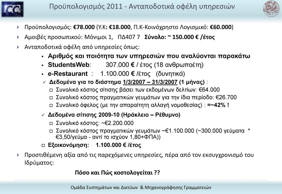 000 /έτος (δυνητικά) Δεδομένα για το διάστημα 1/3/2007 31/3/2007 (1 μήνας) : Συνολικό κόστος σίτισης βάσει των εκδομένων δελτίων: 64.000 Συνολικό κόστος πραγματικών γευμάτων για την ίδια περίοδο: 26.