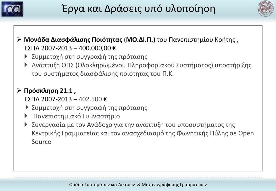 διασφάλισης ποιότητας του Π.Κ. Πρόσκληση 21.1, ΕΣΠΑ 2007-2013 402.