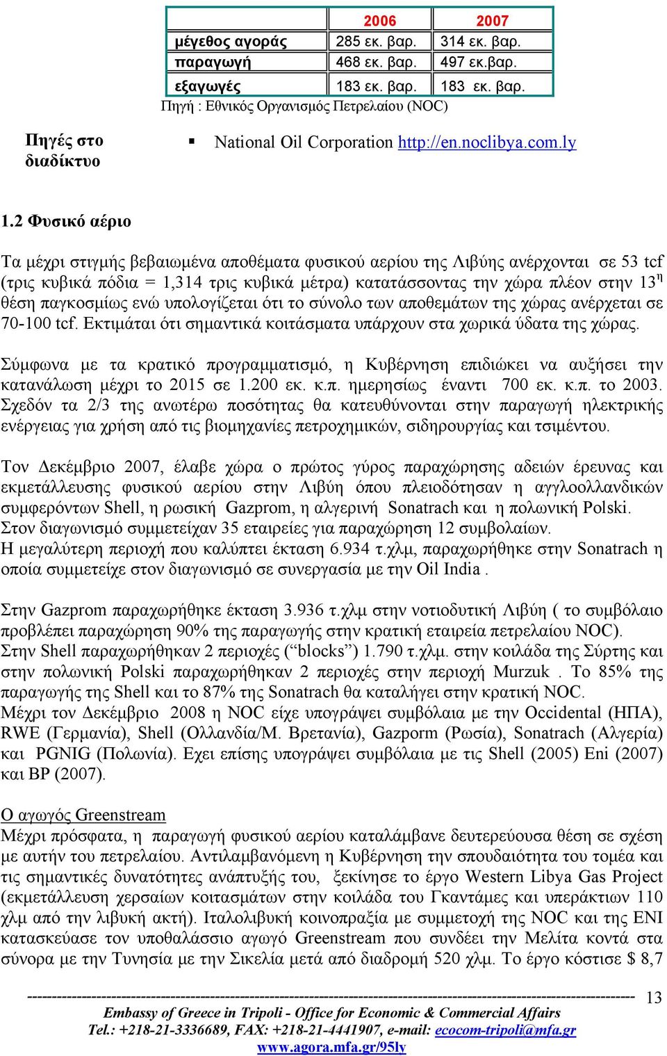 2 Φυσικό αέριο Τα μέχρι στιγμής βεβαιωμένα αποθέματα φυσικού αερίου της Λιβύης ανέρχονται σε 53 tcf (τρις κυβικά πόδια = 1,314 τρις κυβικά μέτρα) κατατάσσοντας την χώρα πλέον στην 13 η θέση