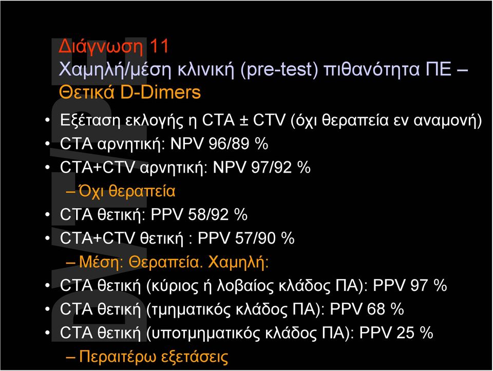 58/92 % CTA+CTV θετική : PPV 57/90 % Μέση: Θεραπεία.