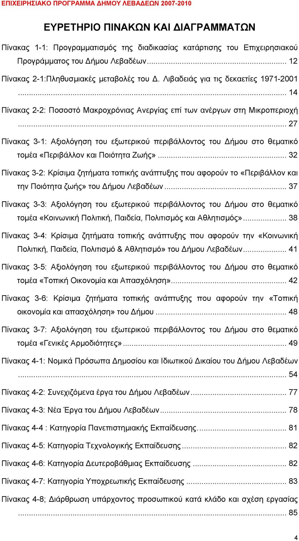 .. 27 Πίνακας 3-1: Αξιολόγηση του εξωτερικού περιβάλλοντος του Δήμου στο θεματικό τομέα «Περιβάλλον και Ποιότητα Ζωής».