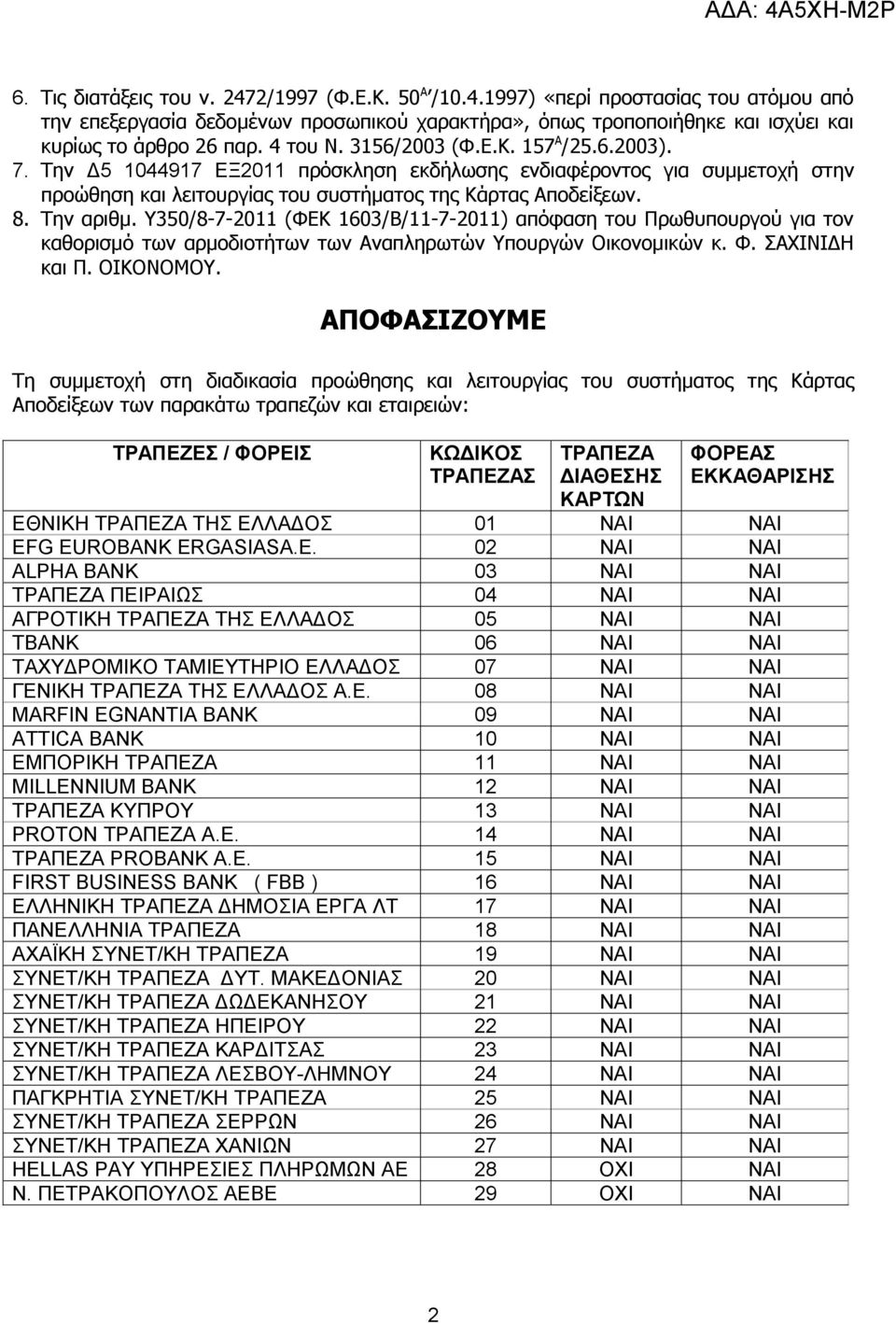 Υ350/8-7-2011 (ΦΕΚ 1603/Β/11-7-2011) απόφαση του Πρωθυπουργού για τον καθορισμό των αρμοδιοτήτων των Αναπληρωτών Υπουργών Οικονομικών κ. Φ. ΣΑΧΙΝΙΔΗ και Π. ΟΙΚΟΝΟΜΟΥ.