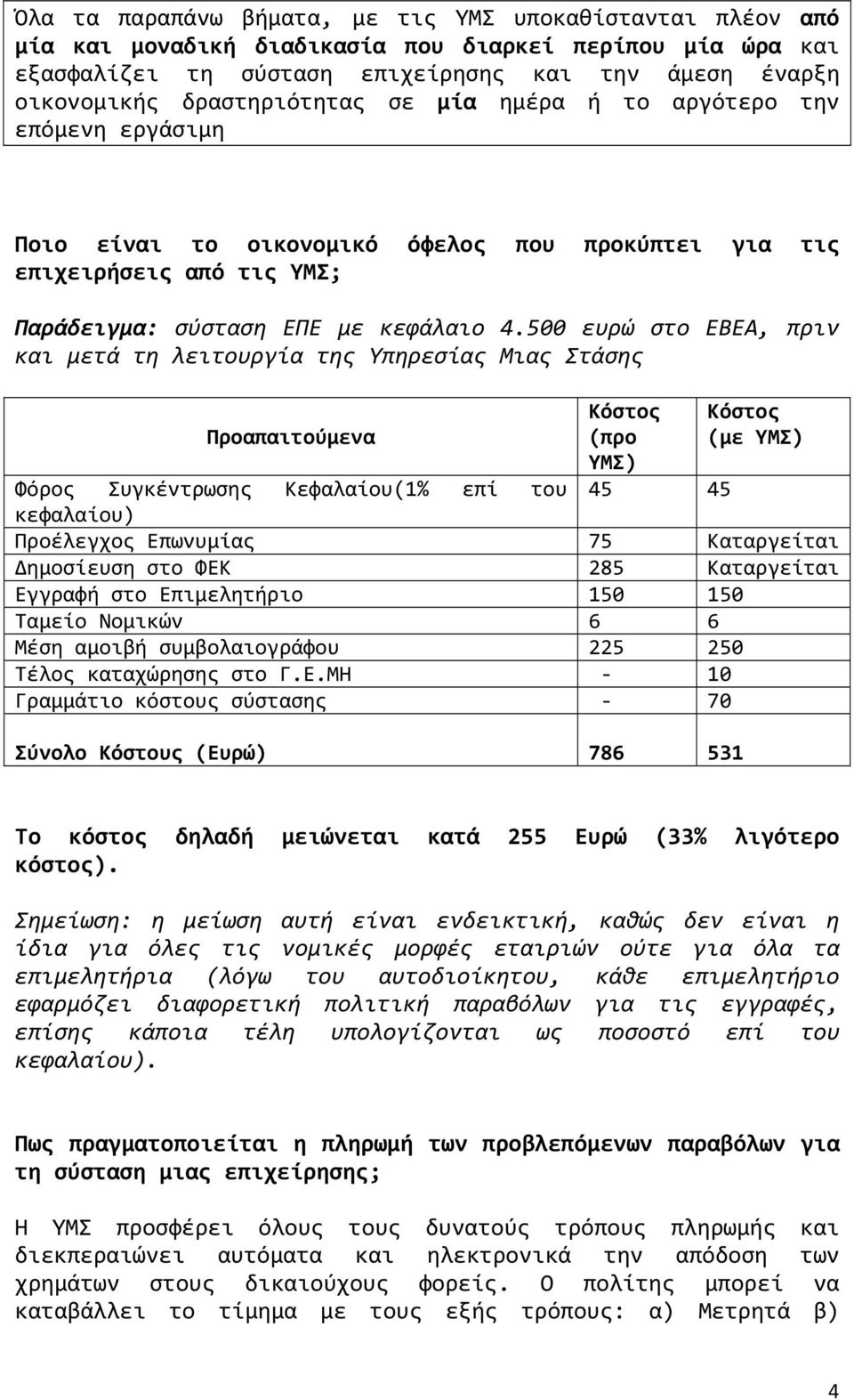 500 ευρώ στο ΕΒΕΑ, πριν και μετά τη λειτουργία της Υπηρεσίας Μιας Στάσης Προαπαιτούμενα Κόστος (προ ΥΜΣ) Κόστος (με ΥΜΣ) Φόρος Συγκέντρωσης Κεφαλαίου(1% επί του 45 45 κεφαλαίου) Προέλεγχος Επωνυμίας