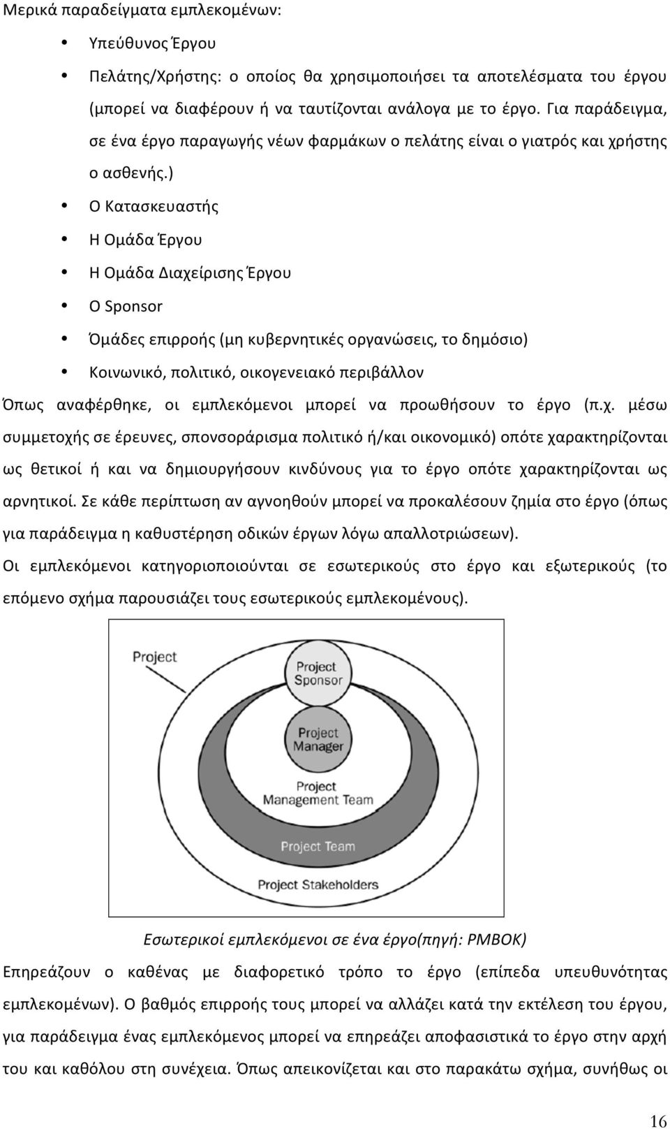 ) Ο Κατασκευαστής Η Ομάδα Έργου Η Ομάδα Διαχείρισης Έργου Ο Sponsor Όμάδες επιρροής (μη κυβερνητικές οργανώσεις, το δημόσιο) Κοινωνικό, πολιτικό, οικογενειακό περιβάλλον Όπως αναφέρθηκε, οι