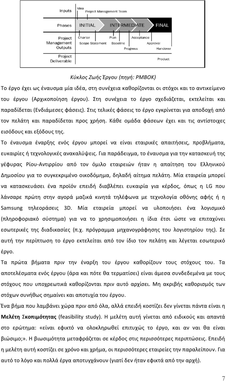 Κάθε ομάδα φάσεων έχει και τις αντίστοιχες εισόδους και εξόδους της. Το έναυσμα έναρξης ενός έργου μπορεί να είναι εταιρικές απαιτήσεις, προβλήματα, ευκαιρίες ή τεχνολογικές ανακαλύψεις.