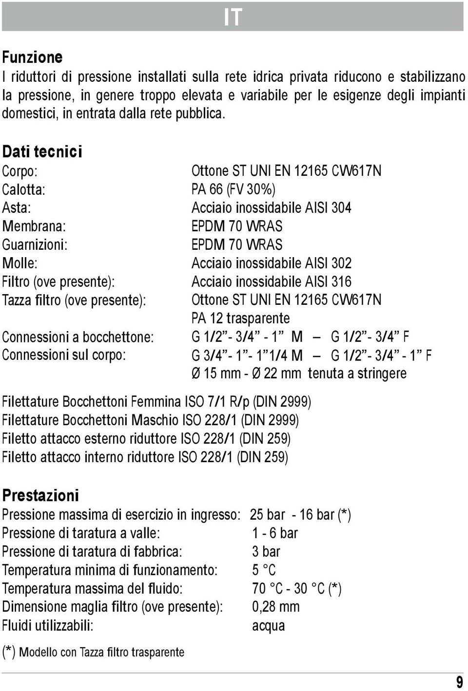 Dati tecnici Corpo: Calotta: Asta: Membrana: Guarnizioni: Molle: Filtro (ove presente): Tazza filtro (ove presente): Connessioni a bocchettone: Connessioni sul corpo: Filettature Bocchettoni Femmina