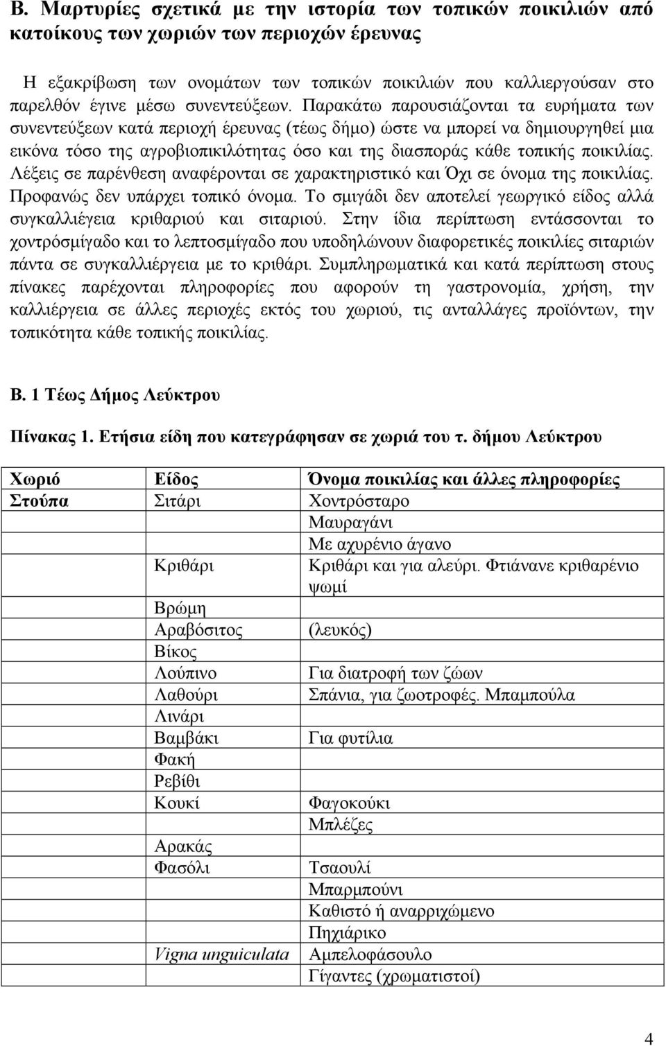 Παρακάτω παρουσιάζονται τα ευρήματα των συνεντεύξεων κατά περιοχή έρευνας (τέως δήμο) ώστε να μπορεί να δημιουργηθεί μια εικόνα τόσο της αγροβιοπικιλότητας όσο και της διασποράς κάθε τοπικής