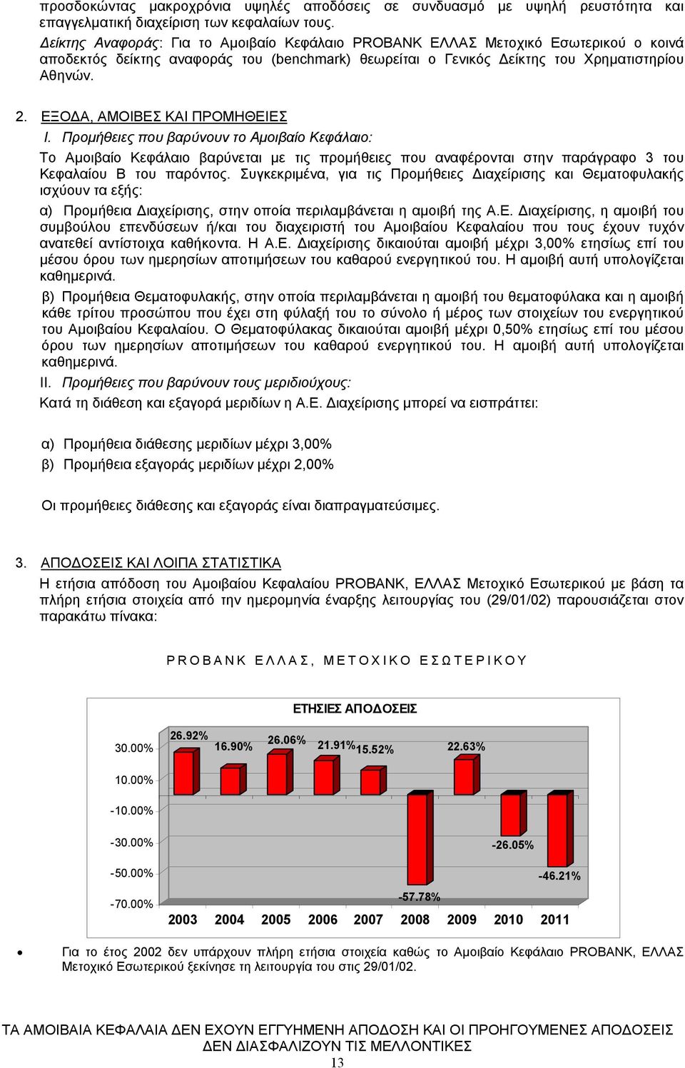 ΕΞΟΔΑ, ΑΜΟΙΒΕΣ ΚΑΙ ΠΡΟΜΗΘΕΙΕΣ I. Προμήθειες που βαρύνουν το Αμοιβαίο Κεφάλαιο: Το Αμοιβαίο Κεφάλαιο βαρύνεται με τις προμήθειες που αναφέρονται στην παράγραφο 3 του Κεφαλαίου Β του παρόντος.