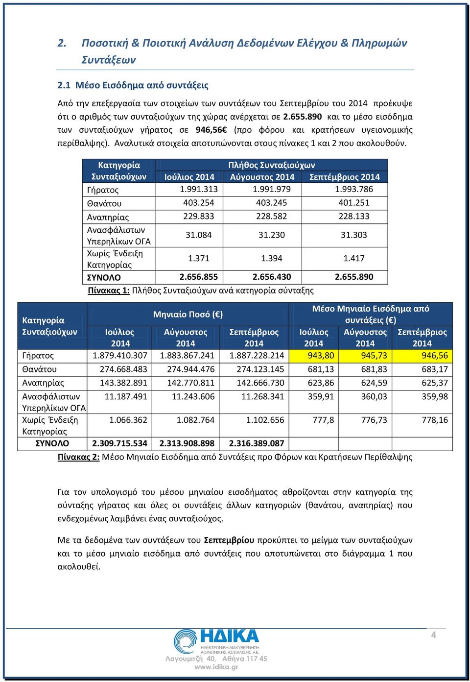 890 και το μέσο εισόδημα των συνταξιούχων γήρατος σε 946,56 (προ φόρου και κρατήσεων υγειονομικής περίθαλψης). Αναλυτικά στοιχεία αποτυπώνονται στους πίνακες 1 και 2 που ακολουθούν.