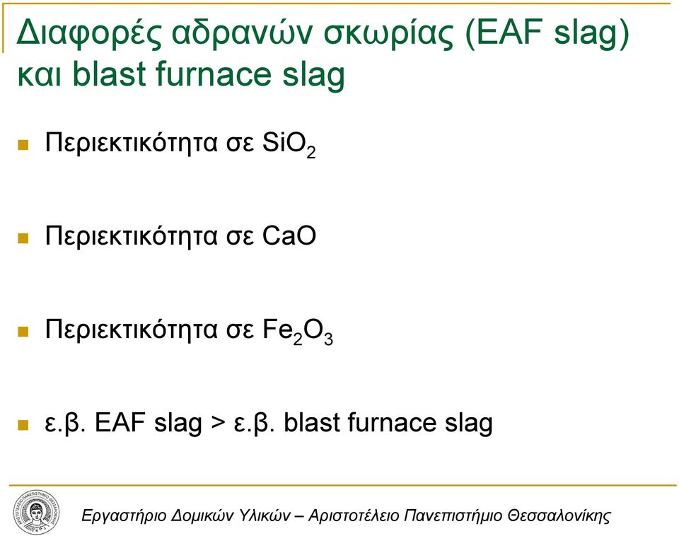 Περιεκτικότητα σε CaO Περιεκτικότητα σε Fe