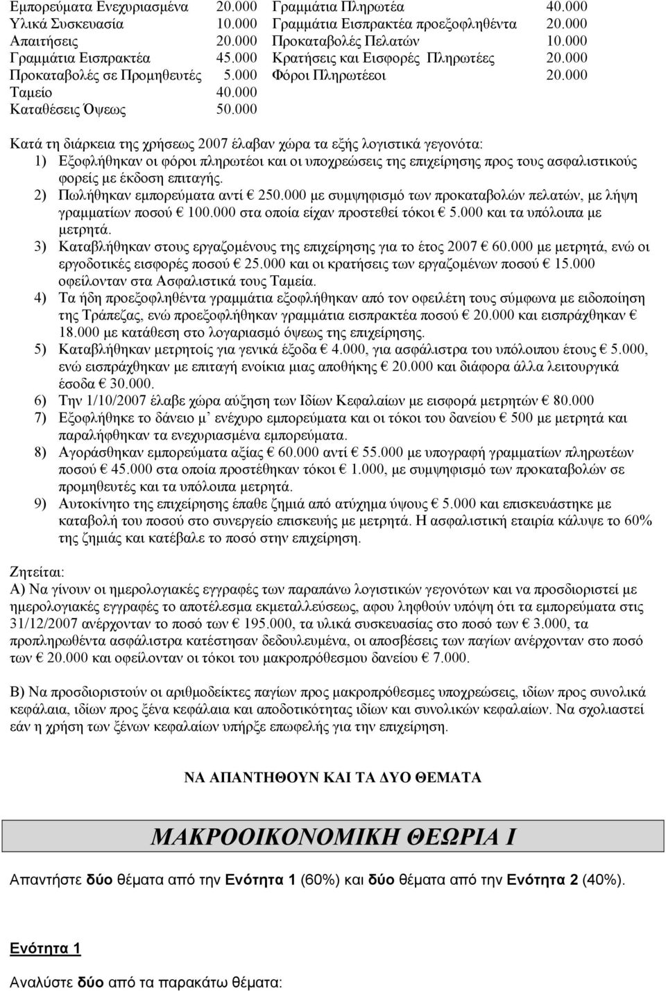 000 Κατά τη διάρκεια της χρήσεως 2007 έλαβαν χώρα τα εξής λογιστικά γεγονότα: 1) Εξοφλήθηκαν οι φόροι πληρωτέοι και οι υποχρεώσεις της επιχείρησης προς τους ασφαλιστικούς φορείς με έκδοση επιταγής.