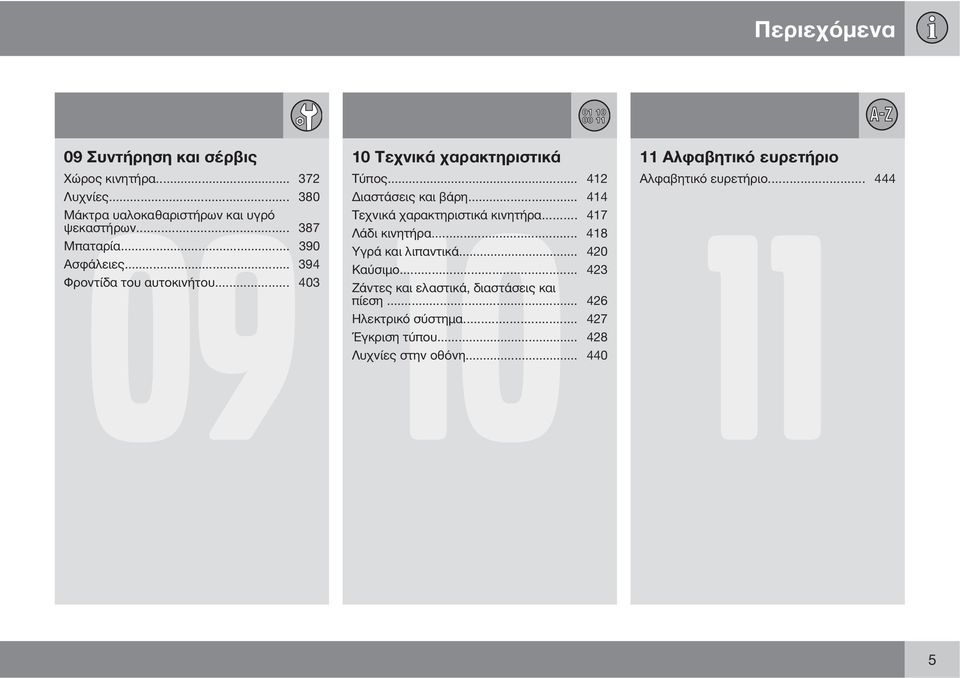 .. 412 Διαστάσεις και βάρη... 414 11 Τεχνικά χαρακτηριστικά κινητήρα... 417 Λάδι κινητήρα... 418 Υγρά και λιπαντικά... 420 Καύσιμο.