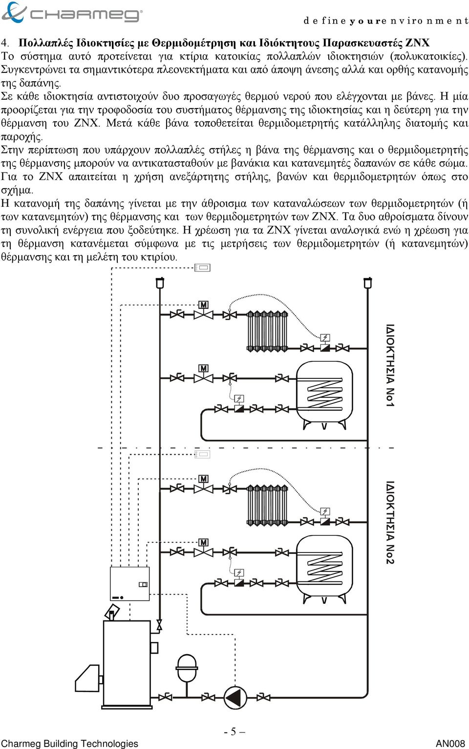 Η µία προορίζεται για την τροφοδοσία του συστήµατος θέρµανσης της ιδιοκτησίας και η δεύτερη για την θέρµανση του ΖΝΧ. Μετά κάθε βάνα τοποθετείται θερµιδοµετρητής κατάλληλης διατοµής και παροχής.