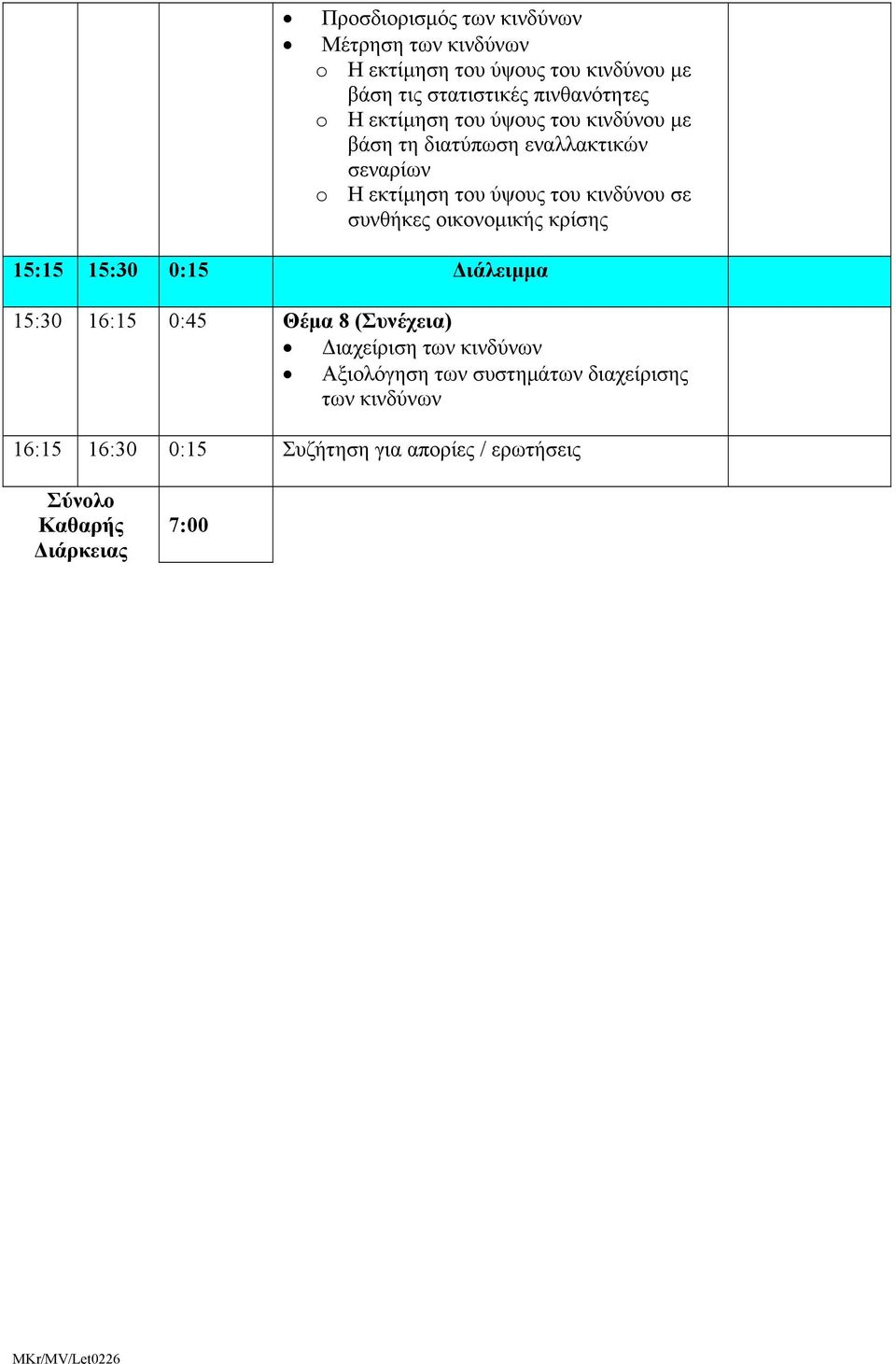 συνθήκες οικονομικής κρίσης 15:15 15:30 0:15 Διάλειμμα 15:30 16:15 0:45 Θέμα 8 (Συνέχεια) Διαχείριση των κινδύνων