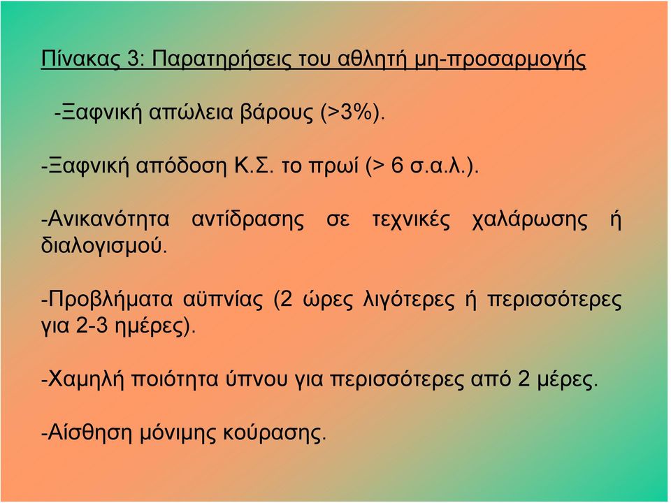 -Ανικανότητα αντίδρασης σε τεχνικές χαλάρωσης ή διαλογισμού.