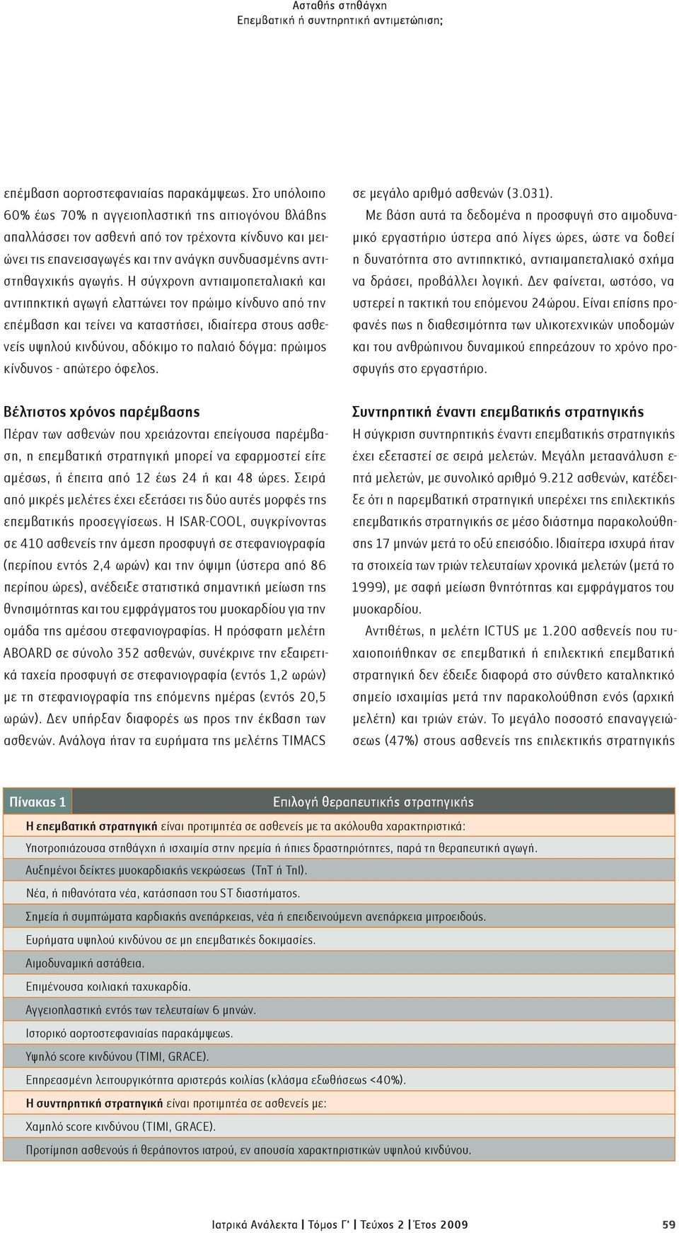 Η σύγχρονη αντιαιμοπεταλιακή και αντιπηκτική αγωγή ελαττώνει τον πρώιμο κίνδυνο από την επέμβαση και τείνει να καταστήσει, ιδιαίτερα στους ασθενείς υψηλού κινδύνου, αδόκιμο το παλαιό δόγμα: πρώιμος