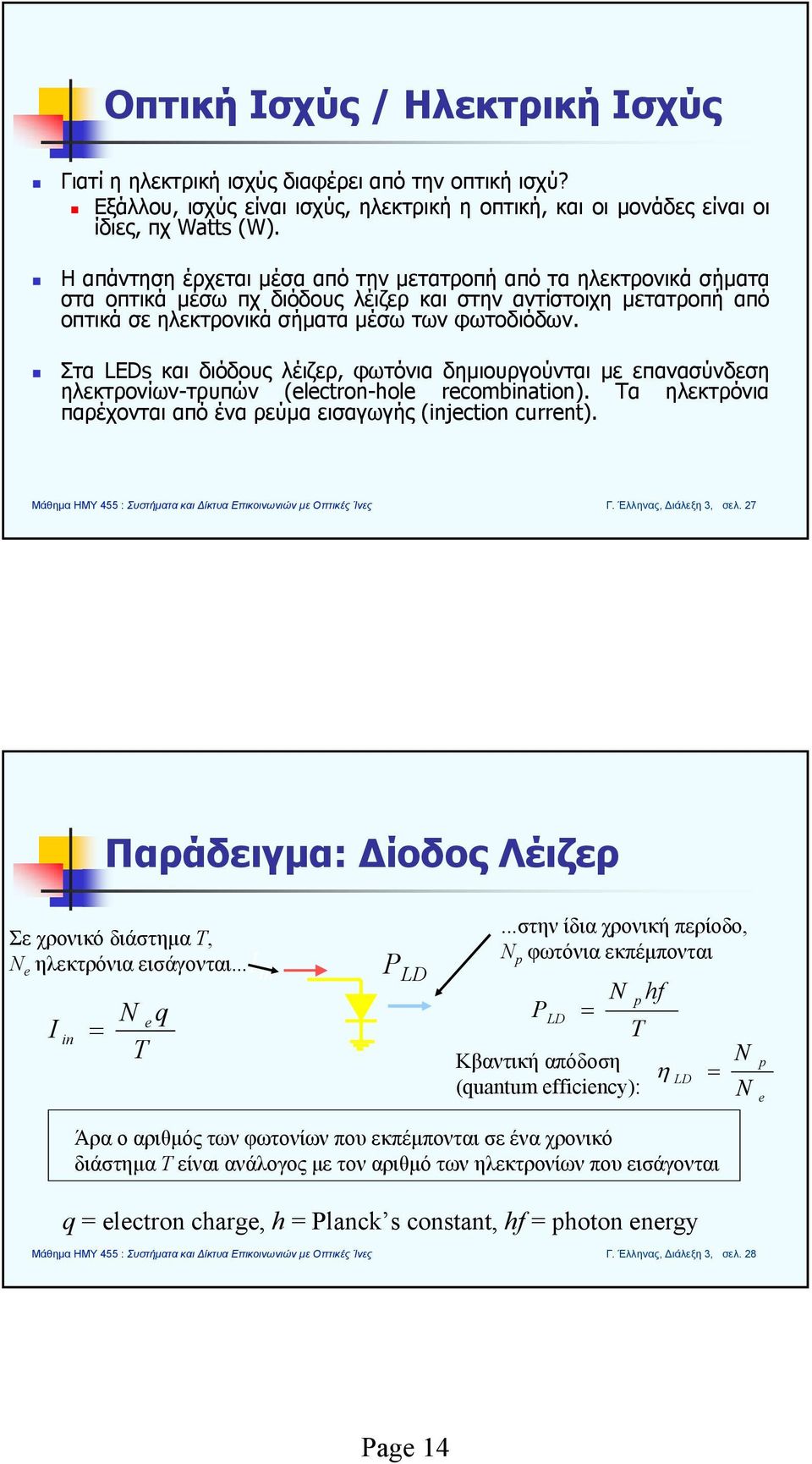 Στα LEDs και διόδους λέιζερ, φωτόνια δημιουργούνται με επανασύνδεση ηλεκτρονίων-τρυπών (electron-hole recombination). Τα ηλεκτρόνια παρέχονται από ένα ρεύμα εισαγωγής (injection current). Γ.