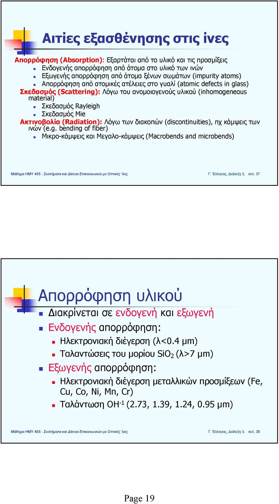 (Radiation): Λόγω των διακοπών (discontinuities), πχ κάμψεις των ινών (e.g. bending of fiber) Μικρο-κάμψεις και Μεγαλο-κάμψεις (Macrobends and microbends) Γ. Έλληνας, Διάλεξη 3, σελ.