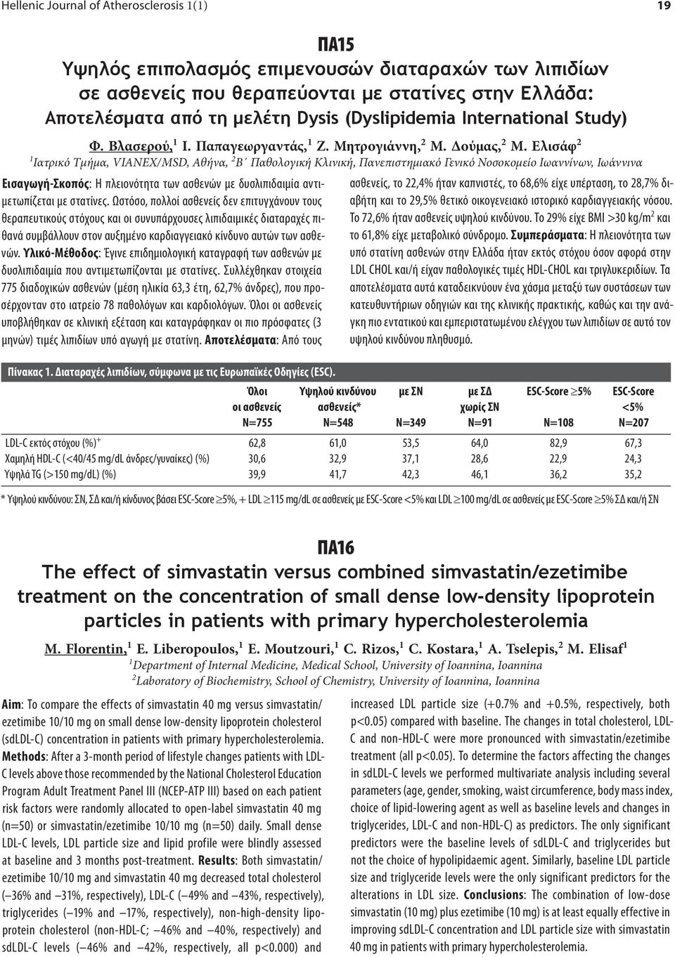 Ελισάφ 2 1 Ιατρικό Τμήμα, VIANEX/MSD, Αθήνα, 2 Β Παθολογική Κλινική, Πανεπιστημιακό Γενικό Νοσοκομείο Ιωαννίνων, Ιωάννινα Εισαγωγή-Σκοπός: Η πλειονότητα των ασθενών με δυσλιπιδαιμία αντιμετωπίζεται